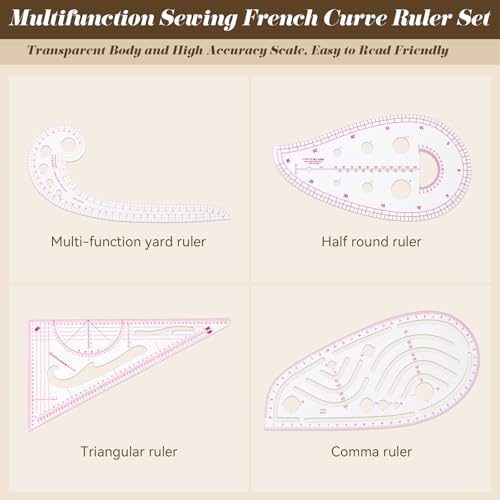 CINDALOG Clear Metric Sewing Ruler Set French Curve Pattern Ruler Kit for Beginners Tailors Designers Dress Makers Ruler Precision Quilting and DIY Supplies Perfect for Drawing, Craft, Sewing (4)