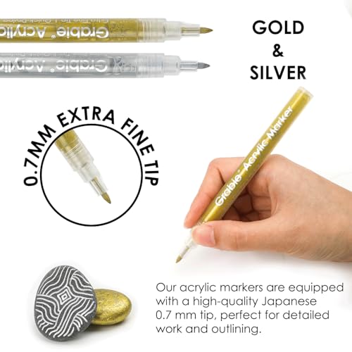 Grabie 0.7 mm Acrylic Paint Markers, Pack of 6 gold & silver Pens | Rich Glossy Metallic Gold & Silver Ink, Clog-Free Smooth Writing, Works on Paper Wood Glass Fabric, Odorless Paint Pens - color: Gold&Silver