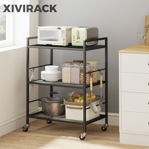 3-Tier Metal Storage Rack with Industrial Wheels,Mesh Shelving Unit with Wooden Table top,Adjustable Shelf,23.6-Inch Width,15.8-Inch Depth, for Kitchen, Laundry,Pantry,Plant,Black panel - color: Black Panel, size: 3 Tier (23.6"W x 15.8"D)
