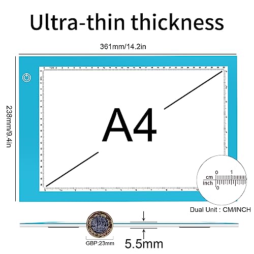 Light Box Drawing Pad, Tracing Board with Type-C Charge Cable and Brightness Adjustable for Artists, AnimationDrawing, Sketching, Animation, X-ray Viewing (A4-P-Blue-New)