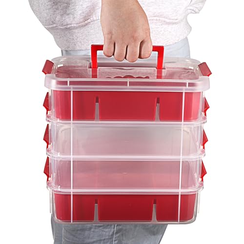 JUXYES 4-Tiers Plastic Stack Carry Storage Containers Box wih Handle Lids - color: Red