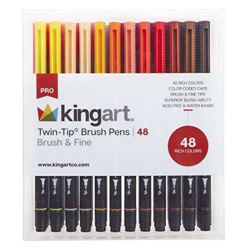 KINGART PRO 445-48 Dual Twin-Tip Brush Pens, Multicolor, 48-Colors | Flexible Brush Tip & Fine Point Nib, Water-Based Blendable Ink, Non-Toxic & Acid-Free, Ideal For Calligraphy & Sketching