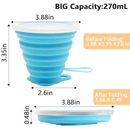 Litoexpe 4 Pack Silica gel Collapsible Travel Cup 270ml, Style 1 | Orange & Blue & Coffee & Purple, with Lids, Portable Folding Camping Cup, for Camping and Travel - color: Orange & Blue & Coffee & Purple