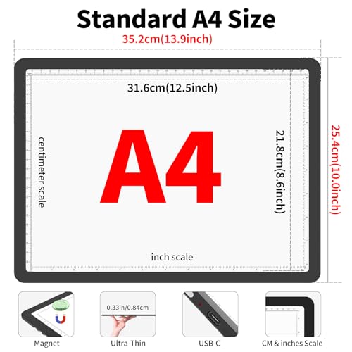 Phylosal Magnetic A4 Light Pad with Bag, Super Bright Light Box with Side Button, Diamond Art Light Board, Lightbox for Tracing and Drawing, USB Power Light Table for Sketching, Weeding Vinyl (Black) - color: Black, size: A4 with Handbag