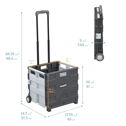 ECR4Kids Universal Collapsible Rolling Utility Storage Cart, Black | Durable plastic, adjustable handle, 40 lb capacity, collapses to 3" thick for storage, rolling wheels for easy transport