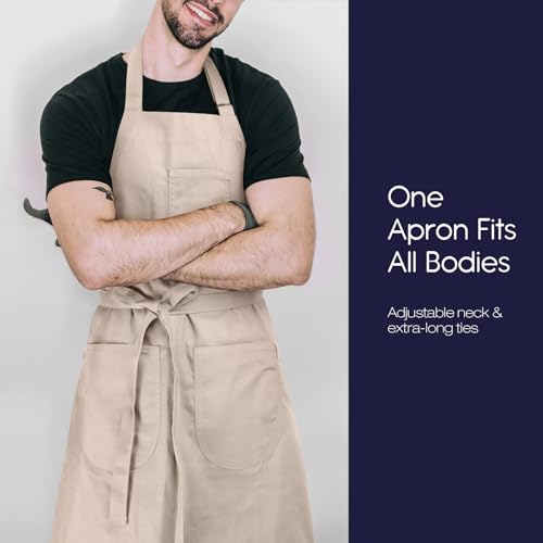 Unisex Apron with Pockets for Cooking, Salon & Art - 100% Cotton Adult Kitchen, Chef, Stylist Apron (Beige) - color: Beige