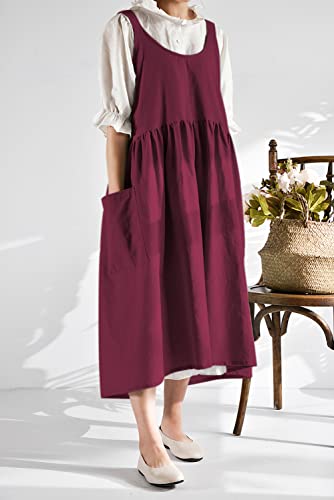Japanese Cotton Cross Back Pinafore Apron for Women with Pockets Burgundy | Cross-Back, No Ties, Cotton linen, Smock Apron Dress, NEWGEM Farm Work Apron for Kitchen Cooking, Baking, Gardening, Painting - color: 06 - Magenta Apron Without Waist Ties