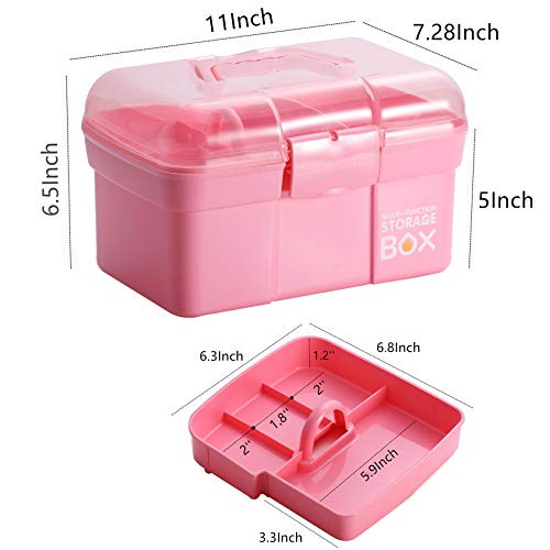 Kinsorcai 11'' Plastic Storage Box with Removable Tray, Multipurpose Organizer and Storage Case for Art Craft and Cosmetic (Pink) - color: Pink