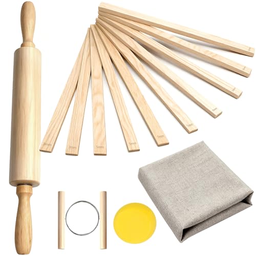 13 Pcs Pottery Tools, 5 Size Teaching Rolling Mud Stick Guide, Wood Rolling Pin, Pottery Special Linen, Clay Fabric, Sponge, Premium Pottery Tools for Hobbyists & Ceramic Artists