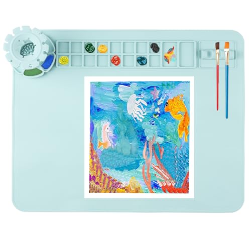 Silicone Craft Mat, 20"x 16"Painting mat Palette for Resin Casting Mold Mat, Nonstick Craft Sheet with Removable Cleaning Water Cup for Painting, Clay, Art, DIY Projects (Blue) - color: Blue