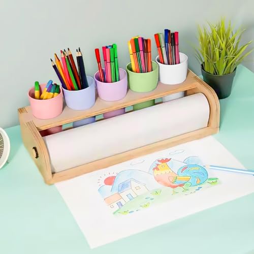 Kids Tabletop Paper Roll Dispenser with Paper Rolls (15"" x 16.4ft) and 5 Pencil Holder Cups Portable Art Painting Easel for Kids to Doodle Draw Play