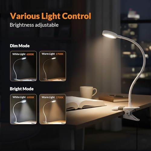 LEPOWER Clip on Light, Book Reading Lamp for Desk, Bed Headboard and Dorm | Adjustable Gooseneck, Color & Brightness Changeable, Adapter Included, LED Table Lamp for Computer, Bedside, Metal, White - color: White