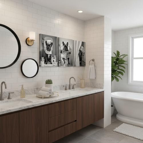 3Pcs Framed Black White French Bulldog Bathroom Wall Art Abstract Dog Toilet Paper Poster Prints Artwork Funny Animal Pictures Wall Decor for Washroom Home Decoration 16x24in - color: Dog, size: 24"Lx 16"W Canvas