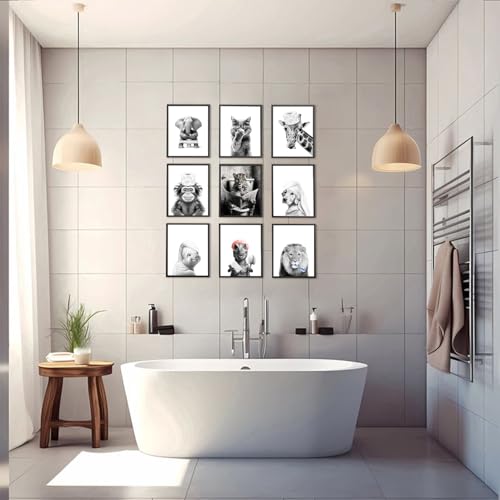 TWNSLLA Funny Bathroom Wall Art Set of 9 - Black and White Bathroom Wall Decor,Cute Animal Wall Decor,Retro Funny Toilet Art Prints for Wall Decoration,Unframed,8x10inch - color: Funny Bathroom-8x10in