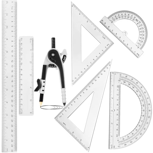 Zonon 1 Set Plastic Geometry Math Set 7 Pcs Includes 6'' / 4 '' Protractor, Drawing Compass, 45/60 Degree Triangle Rulers, 12'' / 6'' Math Ruler Transparent for Office Supplies(Clear) - color: Clear