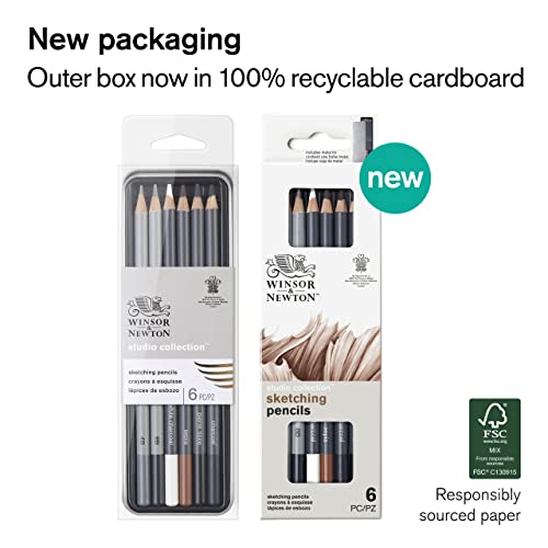 Winsor & Newton Studio Collection, Sketching Pencils, Set of 6 | Soft, Thick Core pencils, Varied Hardness, Soft Smooth Texture, Easy Blending, Stylish Metal Tin Included, High Quality Lead - style: 6 Sketching Pencils