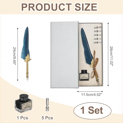 PATIKIL Feather Quill Pen Set, 1 Set Vintage Feather Calligraphy Pen Fountain Dip Pen Set with Ink, Pen Holder and Replacement Nibs for Beginner Writer Writing Gift, Navy Blue(Silver Box) - color: Navy Blue