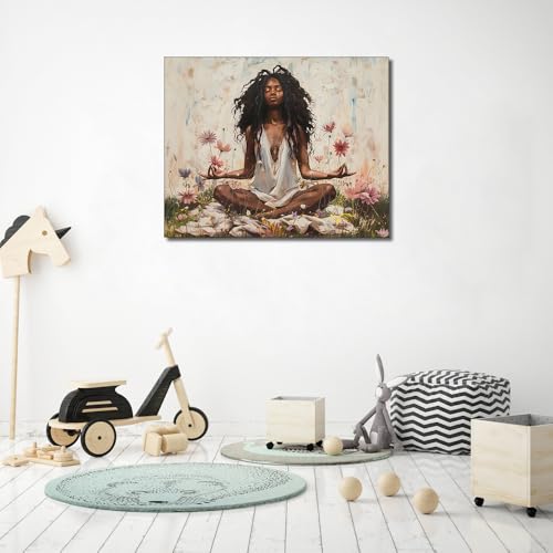 Yoga Women Paint by Number Kits for Adults Beginner, Meditation Theme | africa black women in garden, flowers DIY acrylic painting, wall art, or relaxing with family, without frame, 16"x20"