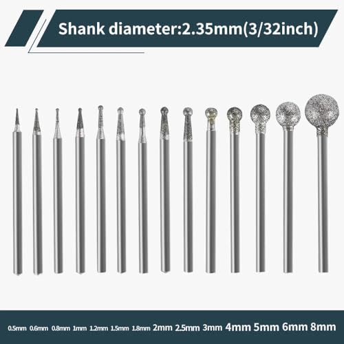 Hanboost 14Pcs Diamond Ball Shape Engraving Burr Set for Rotary Tools S2, 3/32" (2.35mm) Shank Carving Bits for Glass, Jade and Ceramics, Ideal for Jewelry Makers and Model Builders