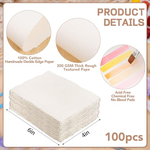 100 Sheets Watercolor Paper 4 x 6 Inch, 300 GSM, Deckle Edge, Ivory | Handmade Cold-Pressed Textured Paper, Strong Water Absorption, for Watercolor, Cards, Invitations and Crafts - size: 4 x 6inch