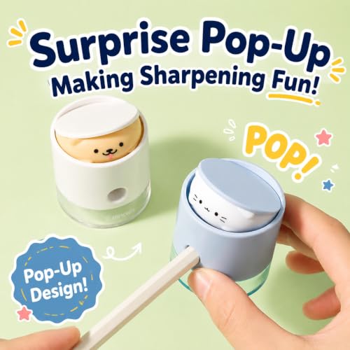 Cute Pencil Sharpener for Kids, Animal Pop-Up When Sharpened, Manual Pencil Sharpeners with Carbon Steel Blade &Transparent Shavings Box, for Students School Office Supplies