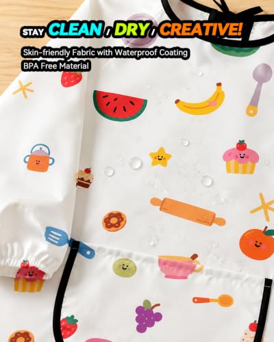 MINIQ Kids Art Smock,Waterproof Painting Apron Artist Smocks with Pocket Long Sleeves - color: Pink Kitchen Fun, size: XXXL for Age 8-14