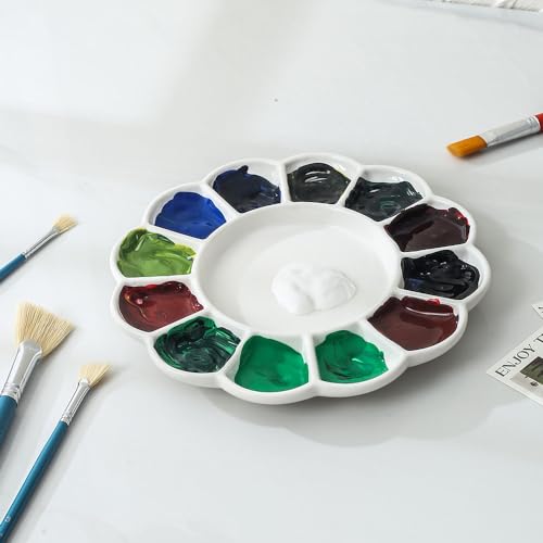 Round Porcelain Watercolor Paint Mixing Tray Ceramic Paint Palette 13 Wells, 8 inch