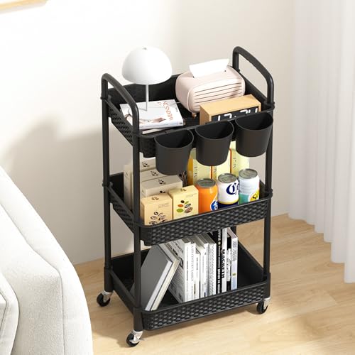 MOYIPIN 3-Tier Plastic Rolling Utility Cart with Handle,Utility Storage Cart for Office, Living Room, Kitchen,Movable Storage Organizer Shelves,Black with 3 Hanging Cups - color: Black, size: 3-Tiers with cups