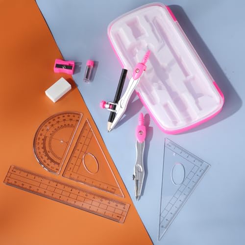 Zonon Math Geometry Set for Students 10 Pcs Compass Geometry Tools Kit Includes Protractor Compass Lead Refills Rulers Pencil Sharpener Eraser Pencil Storage Box for Drafting and Drawings(Pink) - color: Pink