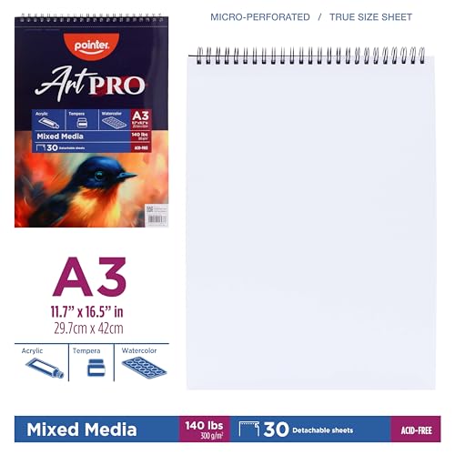 Pointer Art PRO Mixed Media Sketchbook, 140 lbs,Detachable Sheets, Acid-Free, White (11.7X 16.5) - size: 11.7X 16.5"