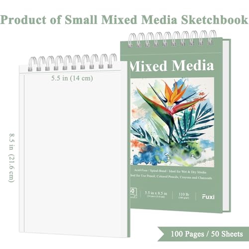 Fuxi Small Mixed Media Sketchbook, 2-Pack - 5.5" x 8.5" | 110lb/180gsm Mixed Media Paper for Watercolor, Acrylic, Ink, Pencil, 50 Sheets Per Pad. - color: Mint Green