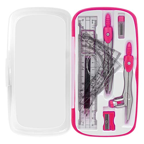 Akuoly Maths Compasses Full Starter Geometry Kit with 2 Drafting Compasses Protractor 2 Set Squares Ruler Pencil and More for Students Maths Study Homework etc. Pink