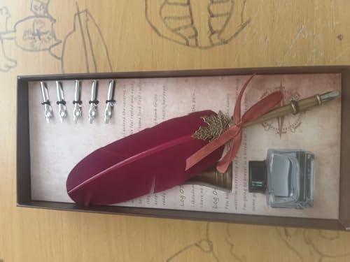 Feather Quill Pen Vintage Feather Dip Pen Set Writing Quill Pen Calligraphy Pen As Christmas Birthday Gift Set (wine red)