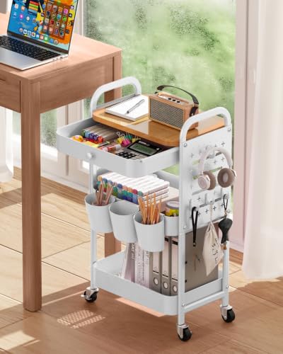 ALVOROG 3 Tier Metal Rolling Cart with Drawer,Wood Top,Pegboards,White | Storage Utility Cart with Drawers,Pegboards,Lockable Wheels,Baskets,Hooks for Kitchen,Office,Bedroom,DIY Supplies - color: White