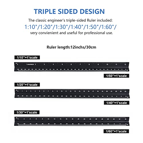 Architectural and Engineering Scale Ruler Set, Imperial Measurements 12'', Black Laser-Etched Aluminum Architect Triangular Ruler for Architects, Students, Draftsman, and Engineers | Black, Laser-Etched Aluminum Architect Triangular Ruler for Architects,