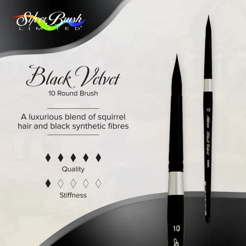 Silver Brush Limited Black Velvet Round Watercolor Paintbrush, Size 10 | Gouache, Inks, Dyes, Short Handle, Pointed Bristle, Soft Synthetic and Squirrel Mix, Superb Paint Absorbency, Smooth Strokes - size: 10