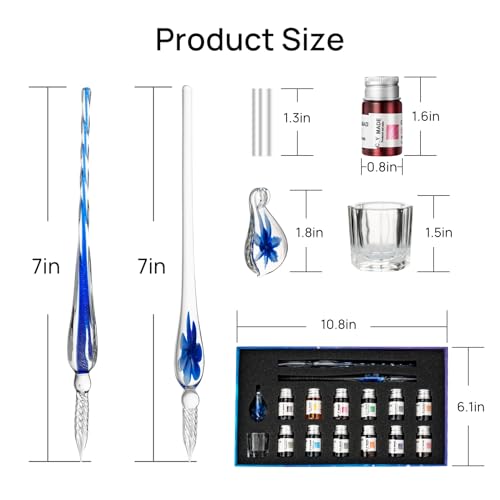 Glass Pen Set Calligraphy Dip Pens,12 Colorful Inks,Caligraphy Sets for Art, Writing, Signature, Decoration, Gift (12+2 blue+blueflower) - color: 12+2 blue+blueflower
