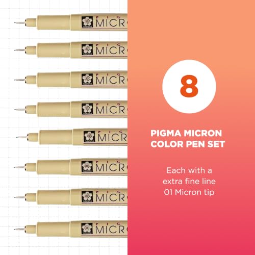 Sakura Pigma Micron Fineliner Pens, 01 Tip, Assorted Colors, 8 Count