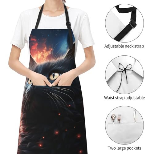 Art Apron with Pocket for Women Men | Kitchen Aprons Chef Apron for Cooking Baking BBQ Painting Gardening - color: Black Cat Art