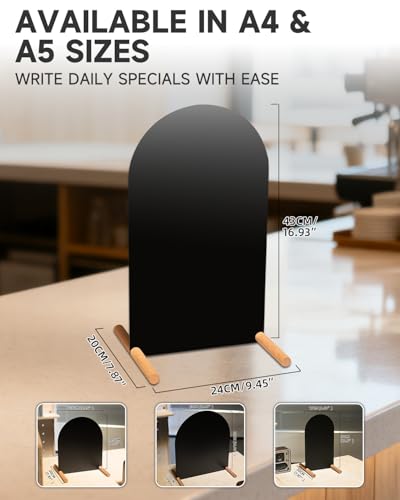 Metal Tabletop Menu Stand with Magnetic Holders and Chalk Writable Surface, Reusable Cafe Display Board with Wooden Base for Restaurant Bakery Retail Counter Menu, Daily Specials and Price Signs - size: A4 Vertical (17 × 9.5 in)