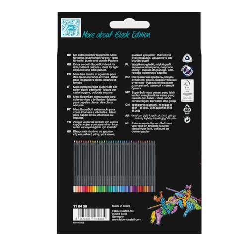 Faber-Castell Black Edition Colored Pencils, 36 Count, Neon & Pastel | Brilliant coloured pencils for light and dark paper with soft colour stroke, shatter-proof and ergonomic colouring pens - color: Classic, size: 1 Count (Pack of 36)