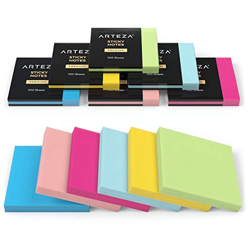 ARTEZA Sticky Notes 12 Pads, 100 Sheets, 6 Assorted Colors, Re-Adhesive, Office Supplies for To-Do Lists, Reminders & Studying