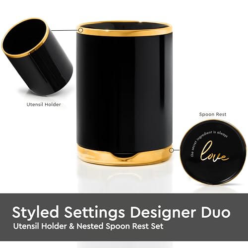 STYLED SETTINGS Black and Gold Utensil Holder with Built-in Spoon Rest | 2-Piece Black and Gold Spatula Holder, Kitchen Accessory, Utensils Not Included - color: Black & Gold