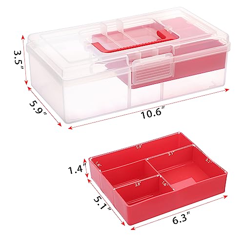 JUXYES Clear Art Craft Supply Storage Bin Sewing Box With Handle Lid | Plastic Carry Storage Box with Removable Tray, 2 Layers Portable Storage Case for Art Craft, Sewing, School Office Supplies - color: Red, size: 1 Pack