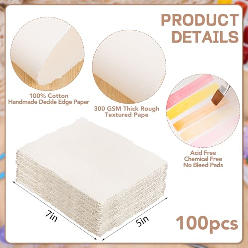 100 Sheets Watercolor Paper 5 x 7 in, 300 GSM Deckled Edge Handmade Paper | Handmade cold-pressed textured paper, absorbent and warp-resistant, for watercolor, cards, invitations, and crafts - size: 5 x 7inch