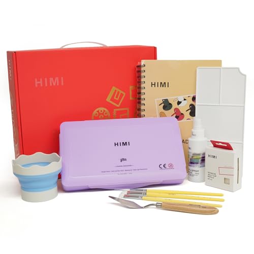 HIMI Deluxe 18 Colors Jelly Gouache Paint Gift Set – Complete Art Kit with Pad, Spray, Palette, Brushes, Painting Knife, Foldable Bucket & Refills for Beginners, Students & Artists (Purple) - color: 18 colors