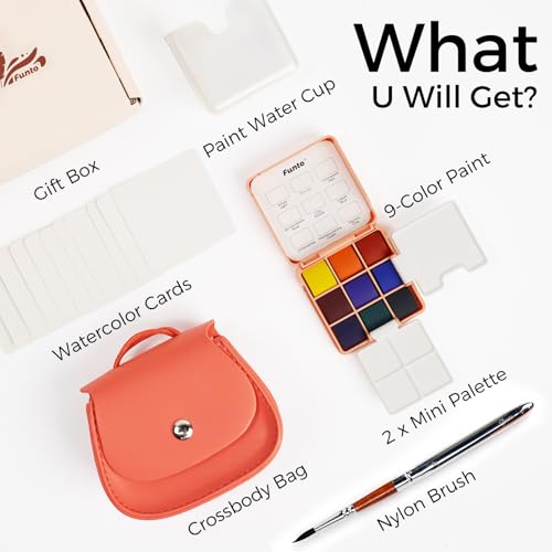Funto Mini Watercolor Set Travel Kit with 9 Colors, Leather Bag & Watercolor Paper, Portable Drawing & Painting Supplies for Beginners, Art Gift Set - style: Peach