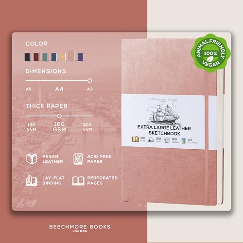 Beechmore Books A3 11.7x16.5 Mixed Media Sketchbook 160 GSM/98lb, Gift Box | Hardcover Drawing Pad with Lay-Flat Binding, Extra Large Perforated Ivory Paper for Studio Drawing & Watercolor Work - color: Rose Wood, size: A3 - 11.7" x 16.5" Extra Large