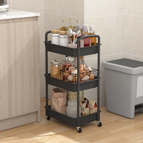 MOYIPIN 3-Tier Plastic Rolling Utility Cart with Handle,Black | Utility Storage Cart for Office, Living Room, Kitchen,Movable Storage Organizer,Easy installation,Rattan-like art design - color: Black, size: 3-Tiers without cups