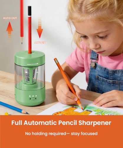 Electric Pencil Sharpener for Classroom, Fully Automatic, Green | Type-C Rechargeable, Auto In/Out, 2000mAh Built-in Battery, Fast Sharpen, For 6-8mm No.2&Colored Pencils, Home, School Office - color: Green